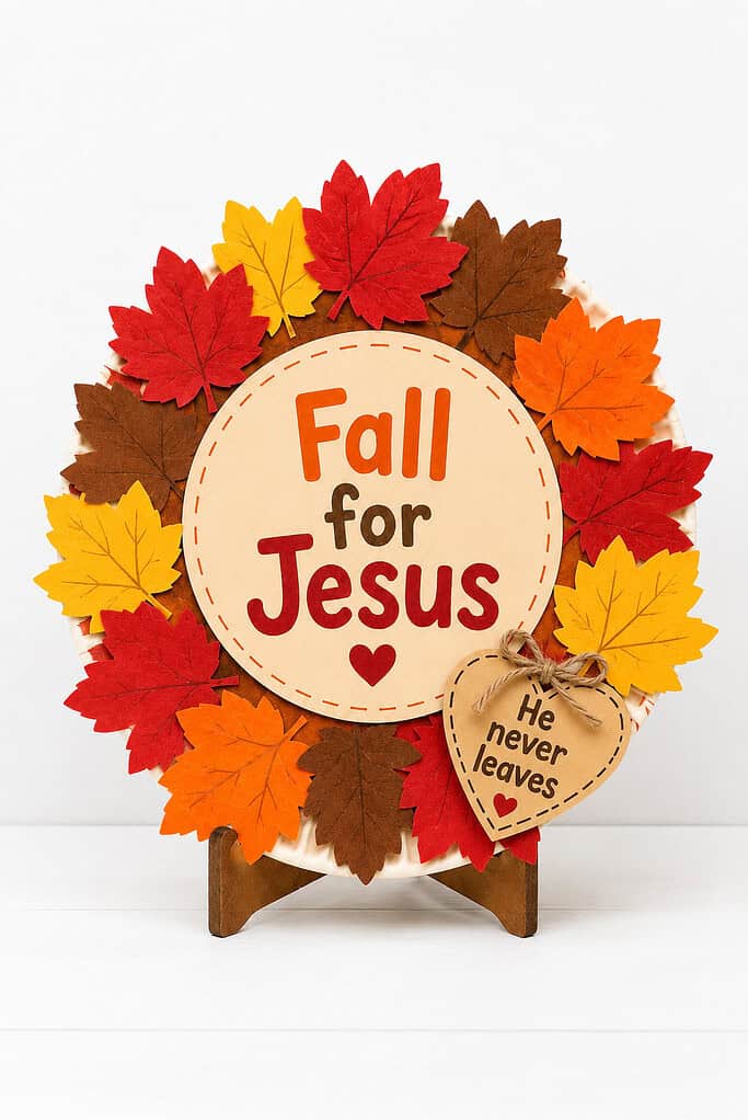 A paper plate wreath craft with red, gold, brown, and orange leaves around the rim, a "Fall for Jesus" center circle, and a "He never leaves" heart tag on a white table