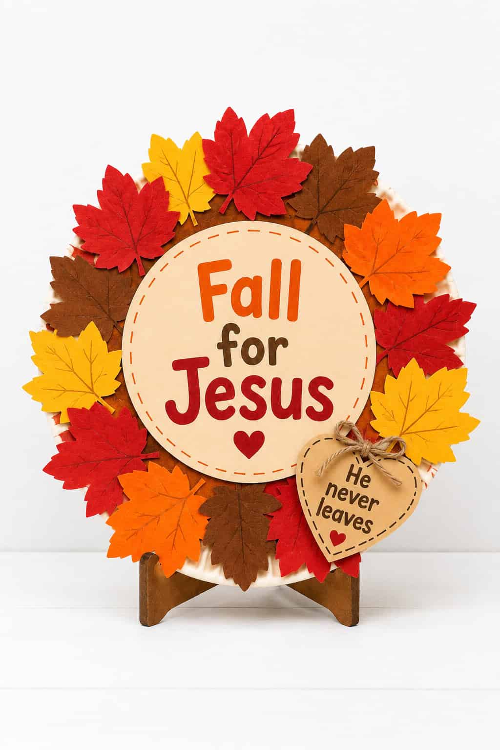 A paper plate wreath craft with red, gold, brown, and orange leaves around the rim, a "Fall for Jesus" center circle, and a "He never leaves" heart tag on a white table