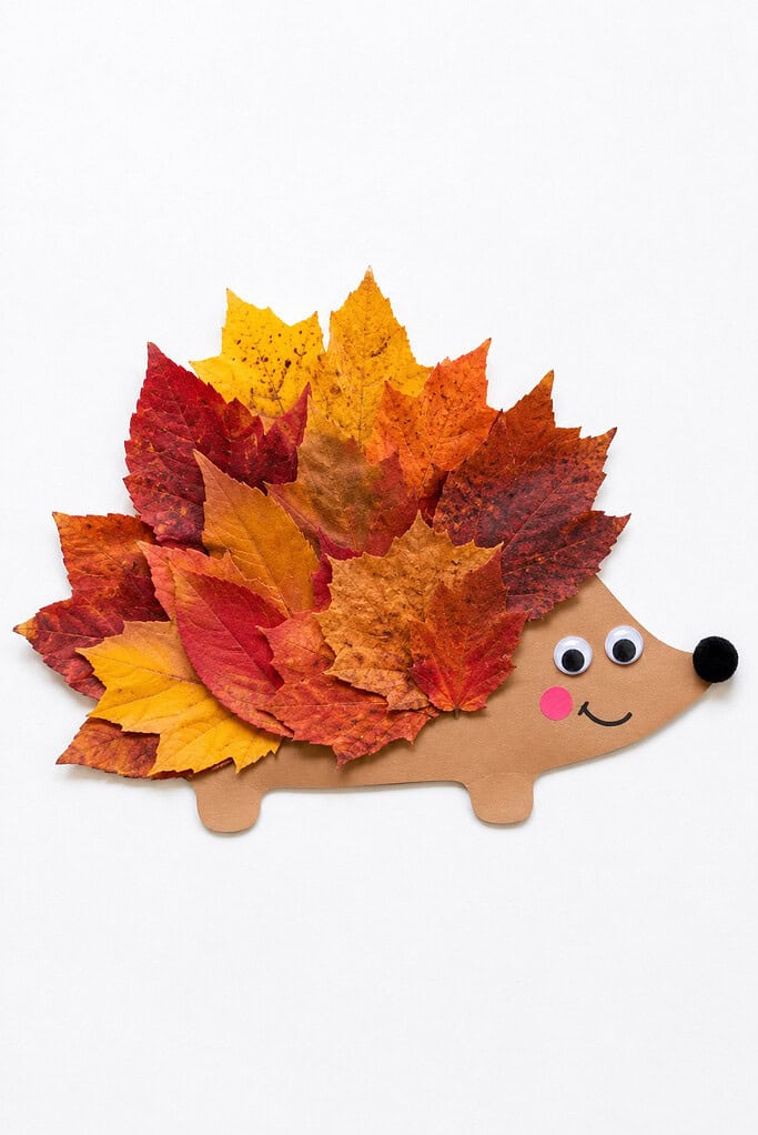 Real red, orange, and yellow autumn leaves arranged as spikes on a tan paper hedgehog face with googly eyes, a black pom-pom nose, a pink cheek, and a smile