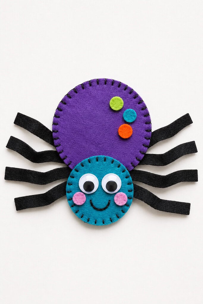 Stitched felt spider with a purple felt body decorated with green, blue, and orange dots, a teal felt head with googly eyes and pink cheek circles, and black felt strip legs with stitched edges