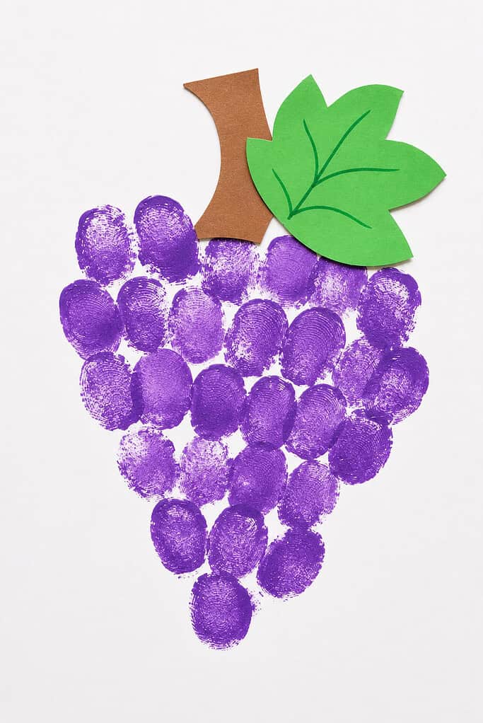 A cluster of overlapping purple fingerprint stamps arranged in a bunch on white paper, with a brown paper stem and two green paper leaves with drawn veins at the top