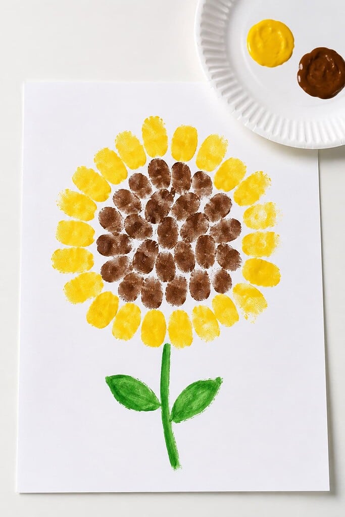 A fingerprint sunflower on white paper with yellow fingerprint petals showing ridge lines around a center of brown fingerprint seeds, with a green painted stem and leaves, and a white paper plate holding yellow and brown paint at the edge.