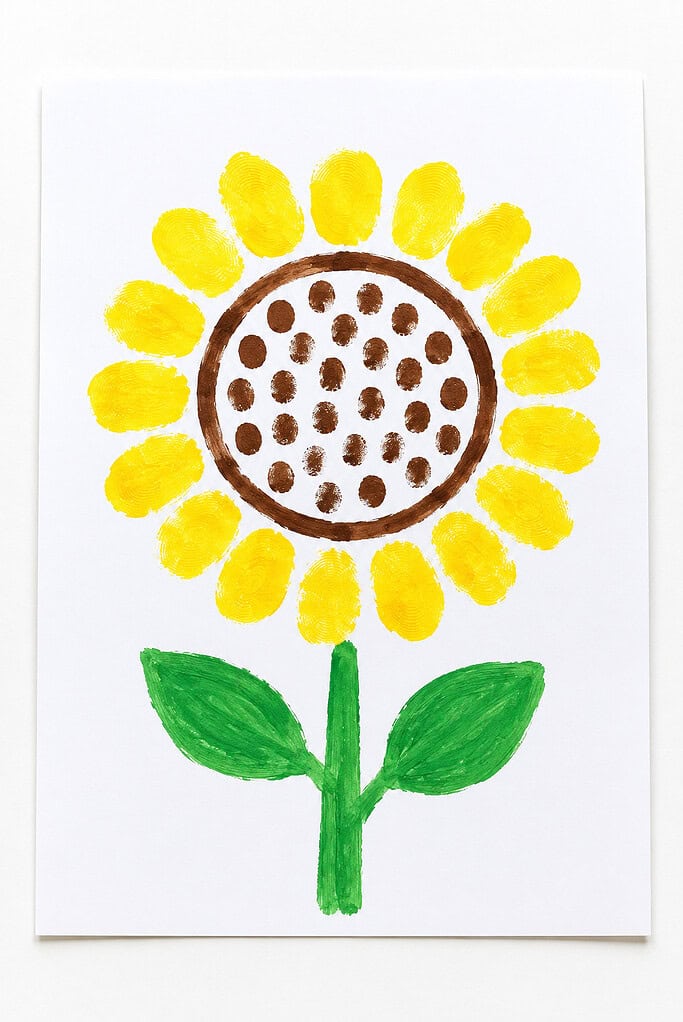 Yellow fingerprint petals arranged around a brown outlined center filled with brown fingerprint dots, with a green painted stem and two leaves on white paper.