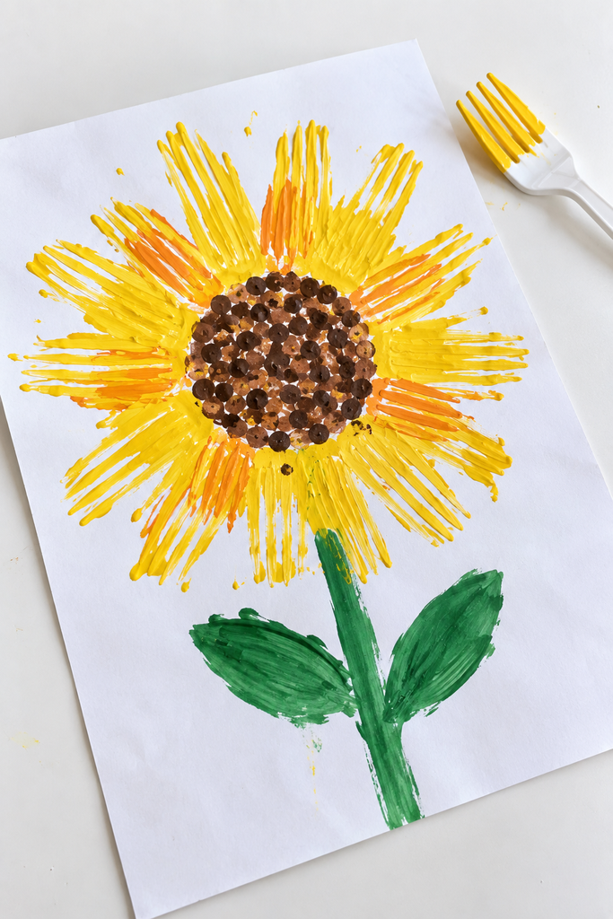 A fork-painted sunflower on white paper tilted at an angle, with yellow and orange petals made of thin fork-tine streaks radiating from a dotted brown center, a green painted stem, and a paint-covered plastic fork resting at the edge.