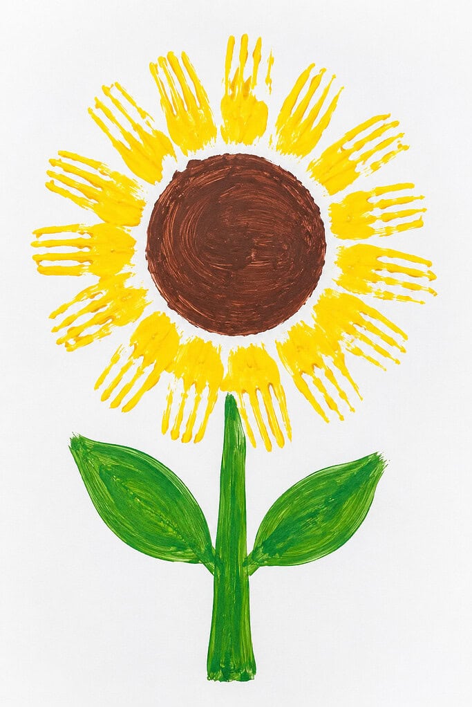 Fork-painted sunflower with yellow paint prints around a brown circular center, a green painted stem, and two green leaves on white paper.
