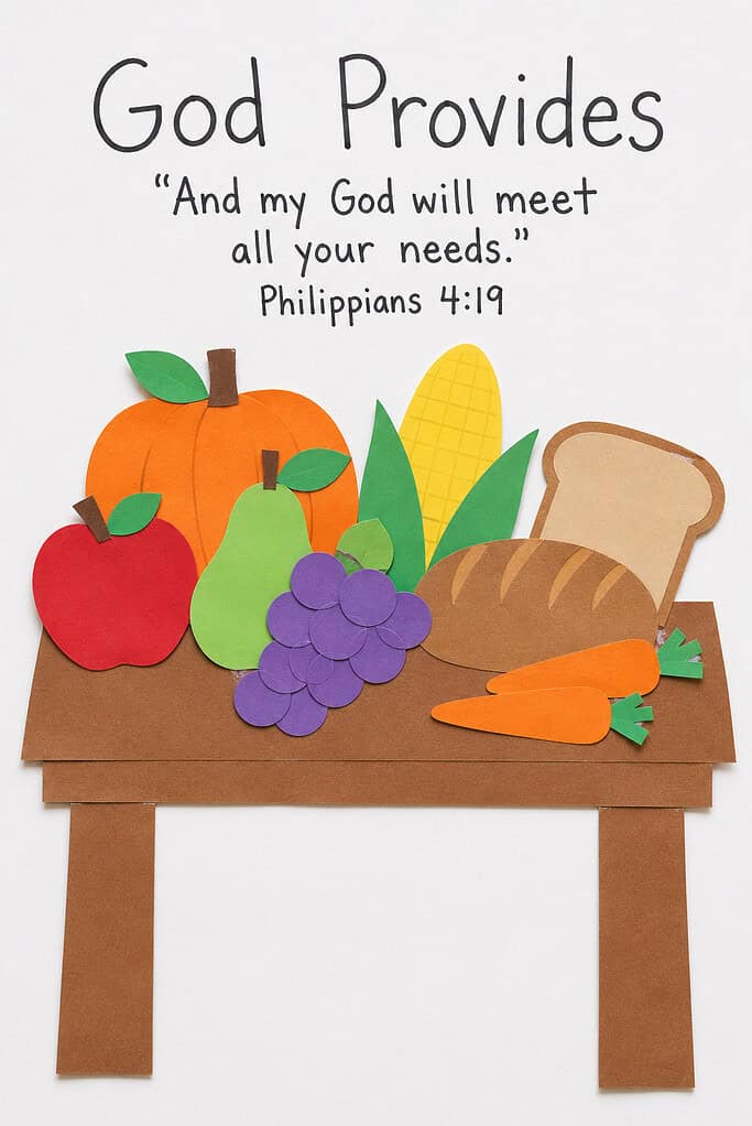 A white paper background with the text God Provides and a Bible verse at the top, below it a brown paper table holding paper cutouts of a red apple, green pear, orange pumpkin, purple grapes, yellow corn, a round loaf of bread, a bread slice, and orange carrots
