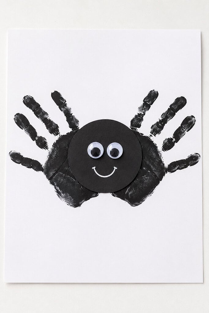 Black handprint spider made from two overlapping handprints as legs and a black paper circle body with googly eyes and a smiling mouth on white paper