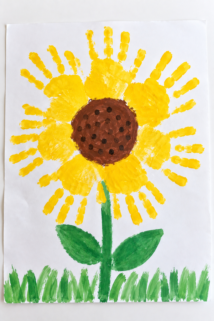 A sunflower craft with petals made from yellow paint handprints stamped in a ring around a brown seeded center, with a green stem and a row of green grass along the bottom of the white paper.