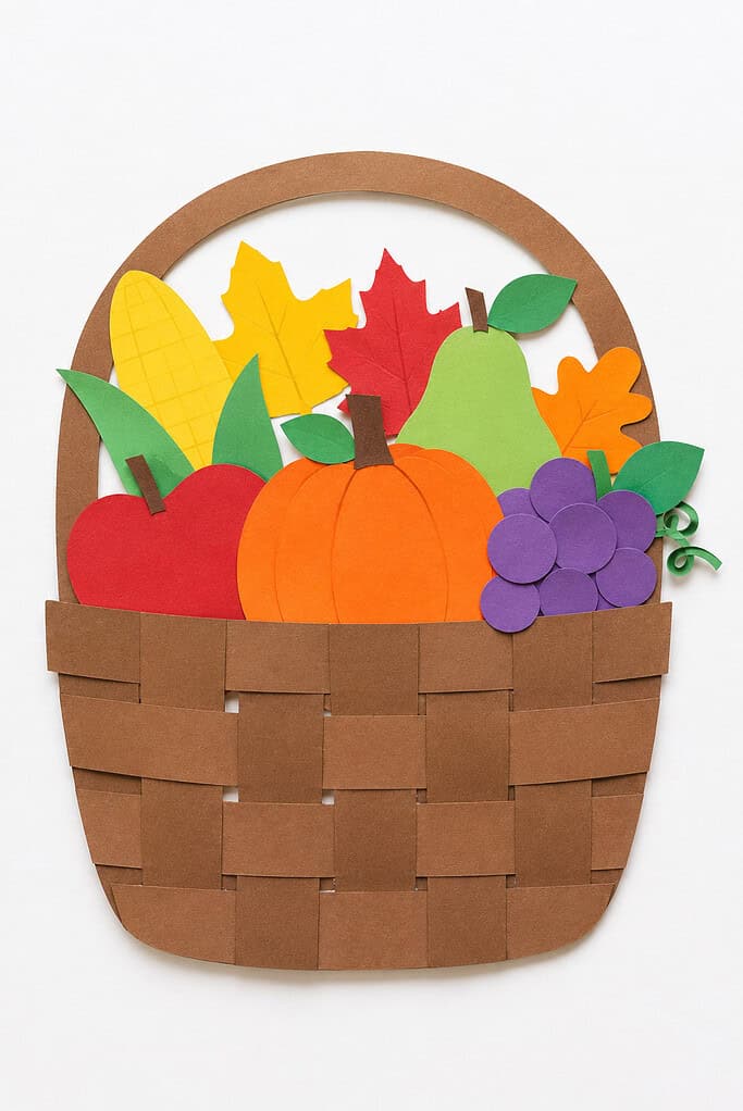 A woven brown paper basket with a rounded handle, filled with paper cutouts of a red apple, orange pumpkin, green pear, purple grapes, yellow corn, and colorful fall leaves in red, yellow, orange, and green