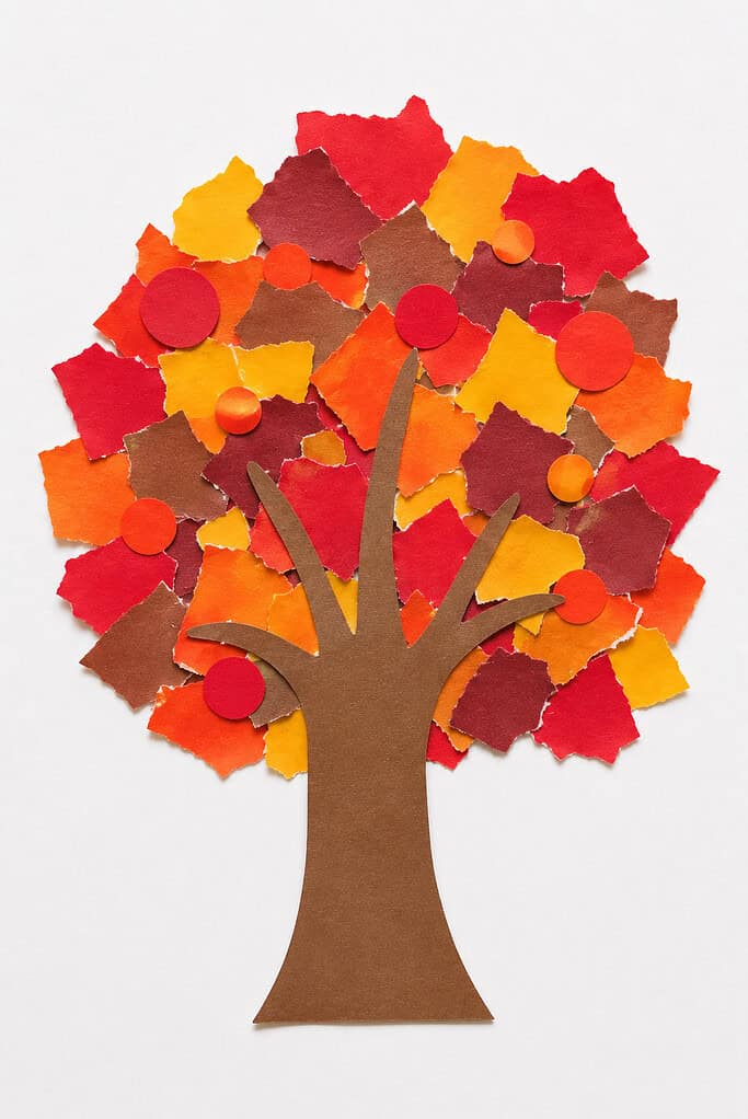 A brown paper tree trunk and branches with torn paper pieces in red, orange, yellow, and brown glued on as leaves, along with small red circular paper cutouts scattered throughout the canopy, on a white background