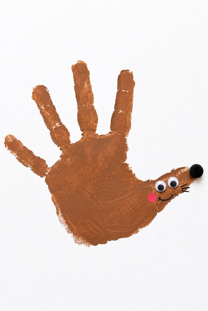 Brown handprint painted on paper with fingers as the spikes, plus googly eyes, a black pom-pom nose, and a pink cheek dot added to the palm