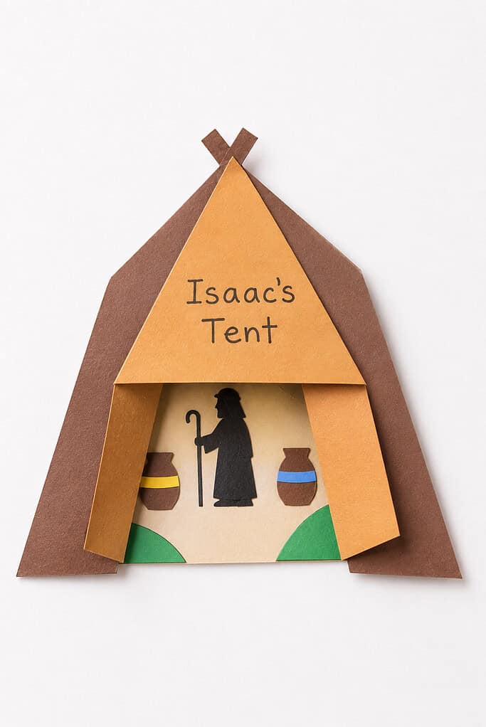 A paper craft tent labeled "Isaac's Tent" with brown paper flaps folded open to reveal a black silhouette figure holding a staff, standing between a yellow-striped jar and a blue-striped jar, with green paper hills at the base.