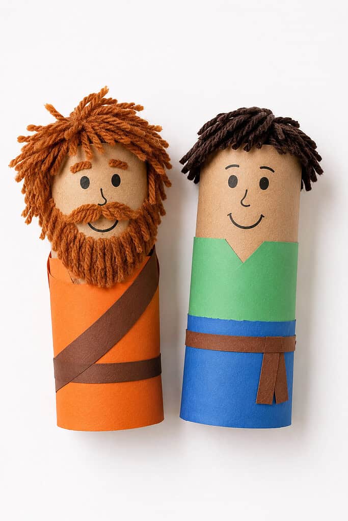 Two cardboard tube puppets side by side, one wrapped in orange paper with an orange yarn beard and hair and a brown sash, and one wrapped in green and blue paper with short brown yarn hair and a brown belt.