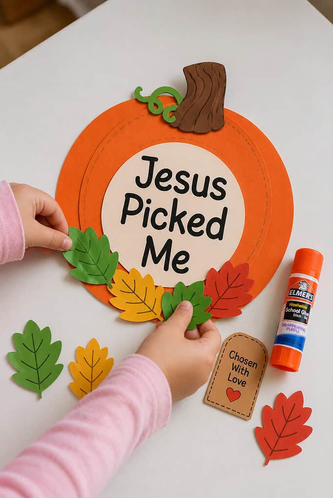 A child's hands arranging colorful fall leaves around an orange paper plate pumpkin with a brown stem and green vine at the top, on a white table