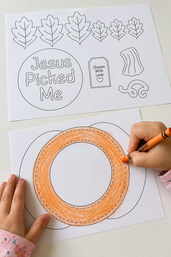 A child's hands coloring a black and white printed pumpkin page with an orange crayon on a white table, with leaf pages nearby
