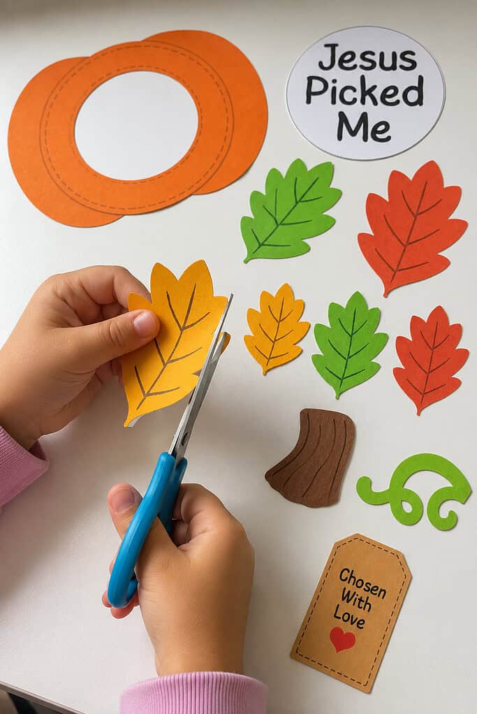 A child's hands cutting out a paper leaf with scissors, with the pumpkin shape, center circle, stem, vine, and tag scattered on a white table