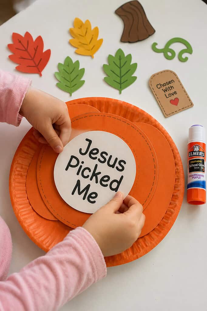 A child's hands gluing a "Jesus Picked Me" center circle onto an orange paper plate pumpkin on a white table, with a glue stick nearby