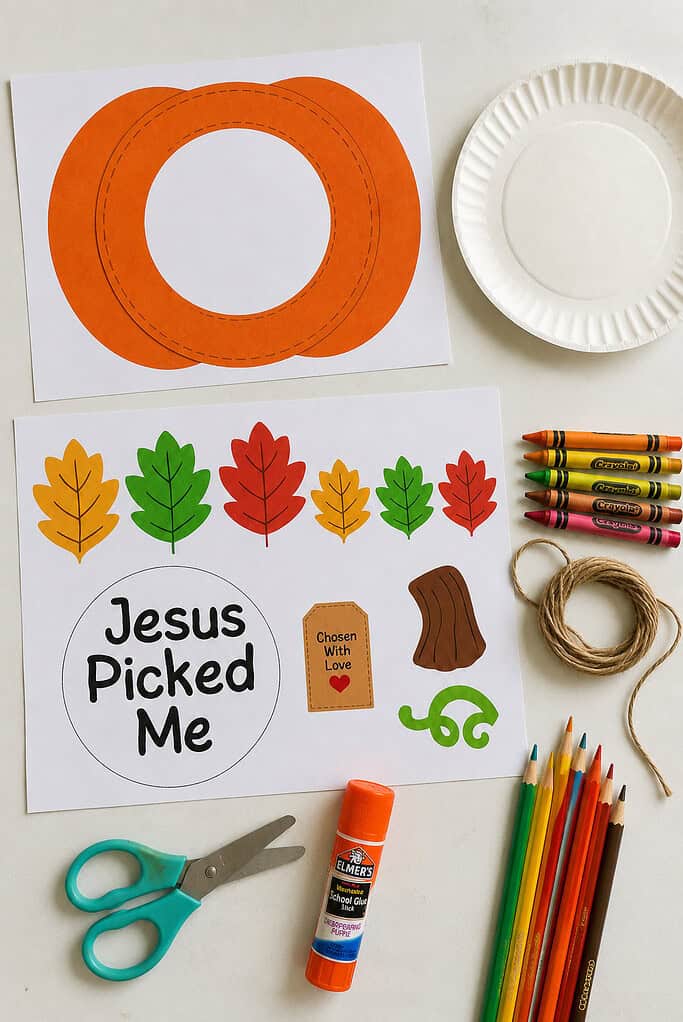 Printed pumpkin craft pages, a white paper plate, crayons, scissors, a glue stick, and twine laid out on a white table