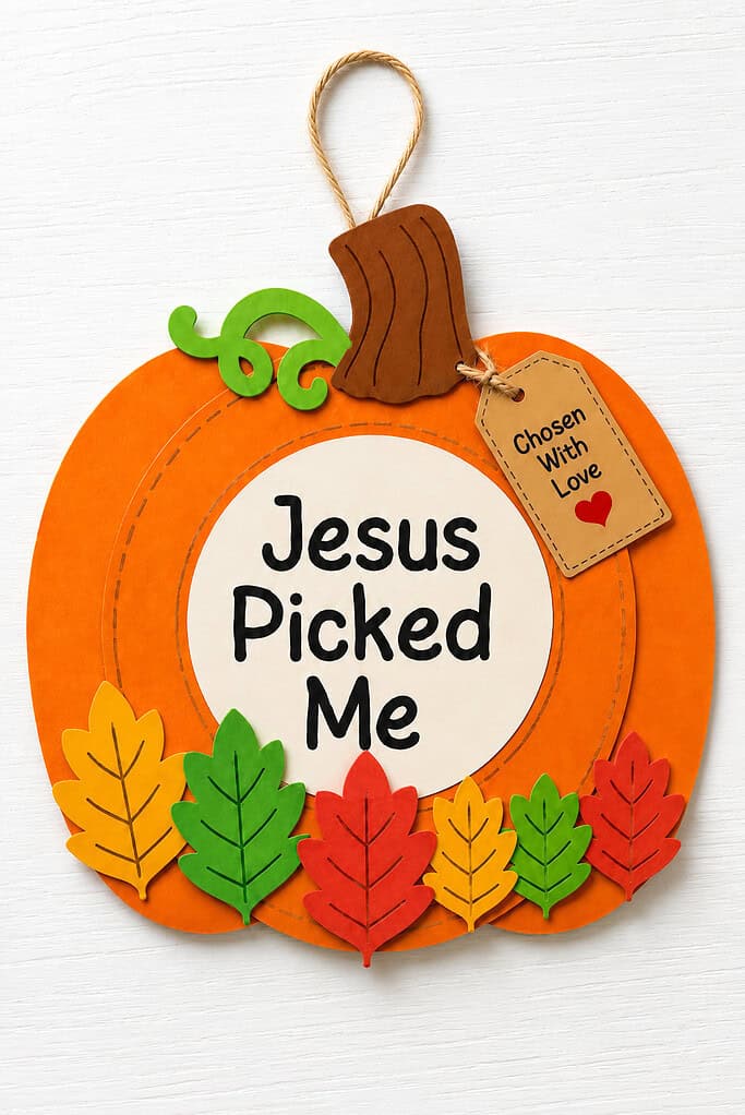 A paper plate pumpkin craft with a "Jesus Picked Me" center circle, fall leaves, a stem and vine, and a "Chosen With Love" tag on a white table