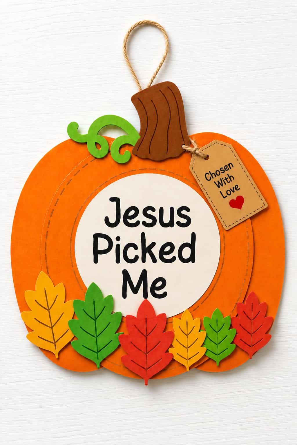 A paper plate pumpkin craft with a "Jesus Picked Me" center circle, fall leaves, a stem and vine, and a "Chosen With Love" tag on a white table