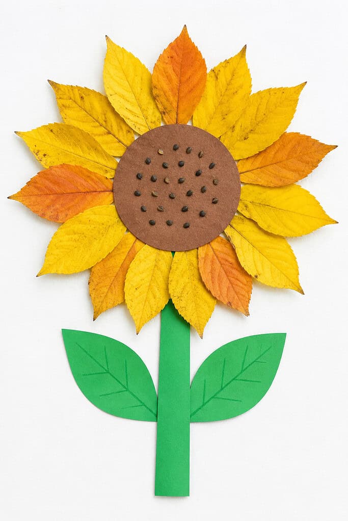 Yellow and orange leaves arranged around a brown paper circle with small dark seeds, a green paper stem, and two leaves on a white table.