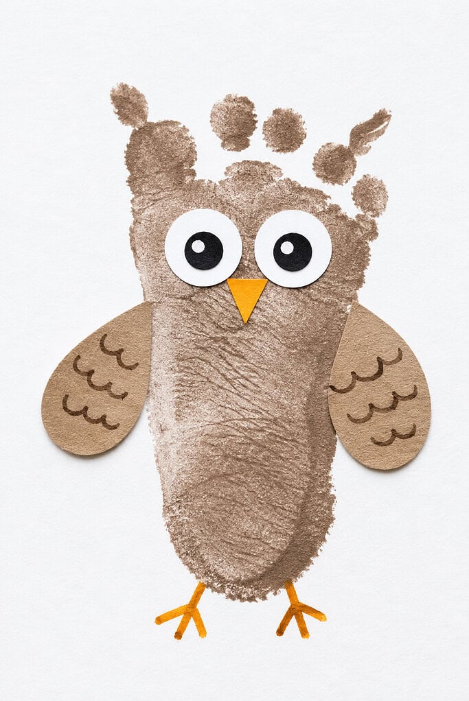 Brown painted footprint shaped into an owl, with the heel forming the round body and toes forming the head and ear tufts, oval paper wings with feather lines, large white and black googly eyes, an orange beak, and orange feet.