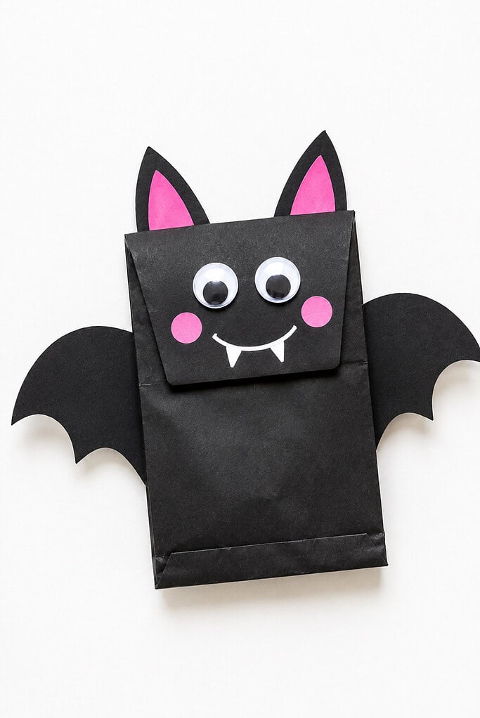 Black paper bag puppet with scalloped paper wings, pink inner ears and cheeks, googly eyes, a white smile, and two small fangs on a bright white background.