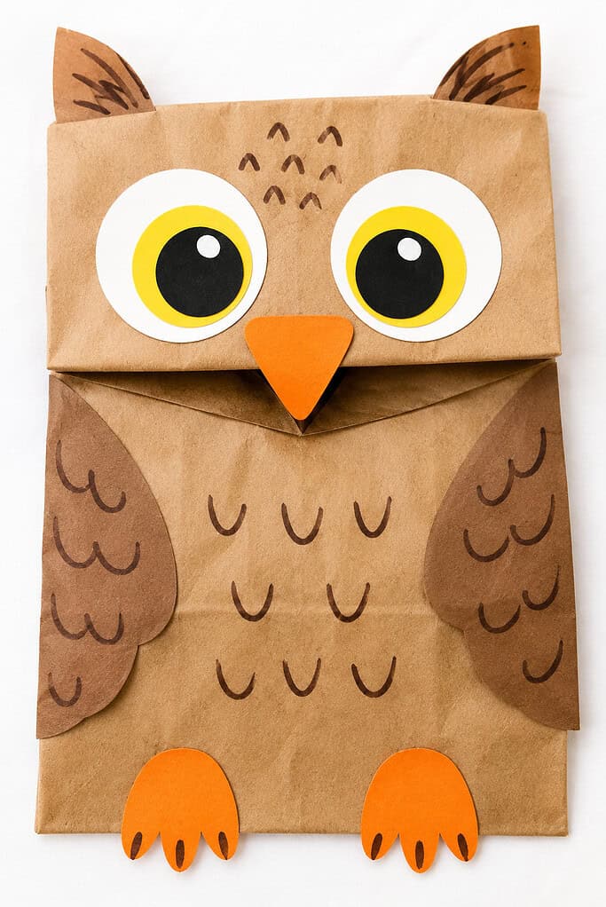 Brown paper bag decorated as an owl, with large yellow and black eyes on white circles, an orange triangular beak, brown paper wings with feather markings, and orange feet.