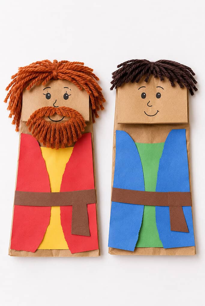 Two paper bag puppets with cardboard faces, one with orange yarn hair and a beard wearing a red and yellow paper outfit, and one with brown yarn hair wearing a blue and green paper outfit, each with a brown paper belt.