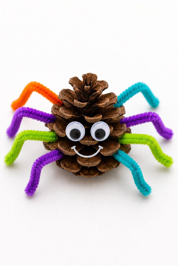 Natural pinecone spider with googly eyes, a smile, and colorful pipe cleaner legs in orange, teal, purple, and green