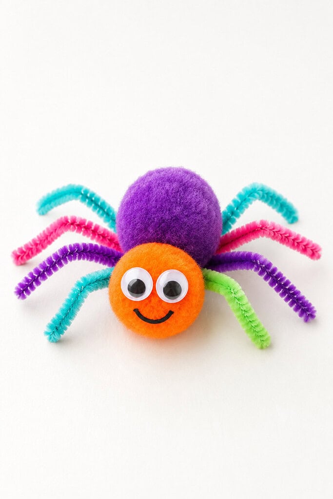 Orange pom-pom spider with a purple pom-pom head, googly eyes, a smile, and pipe cleaner legs in teal, pink, purple, and green on a white background