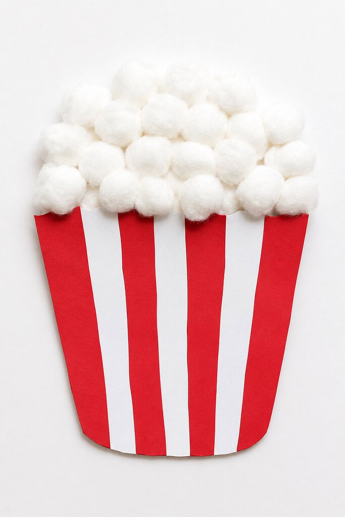 A red and white vertically striped paper bag shape with white cotton balls piled on top, on a white background