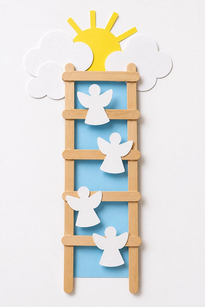 A ladder made of popsicle sticks against a light blue background, with four white paper angel cutouts placed on the rungs, topped with white paper clouds and a yellow paper sun with rays.