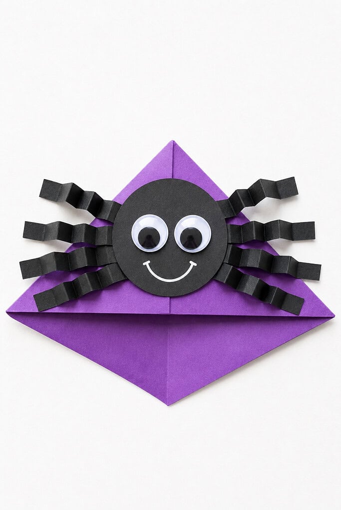 Purple paper folded into a triangular corner bookmark with a black paper circle spider face featuring googly eyes, a smile, and accordion-folded black paper legs on top