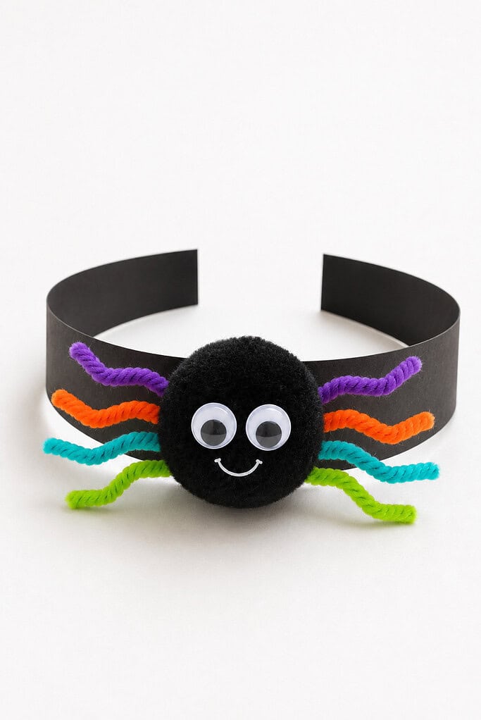 Black paper headband with a black pom-pom spider featuring googly eyes, a smile, and colorful yarn legs in purple, orange, teal, and green attached to the front