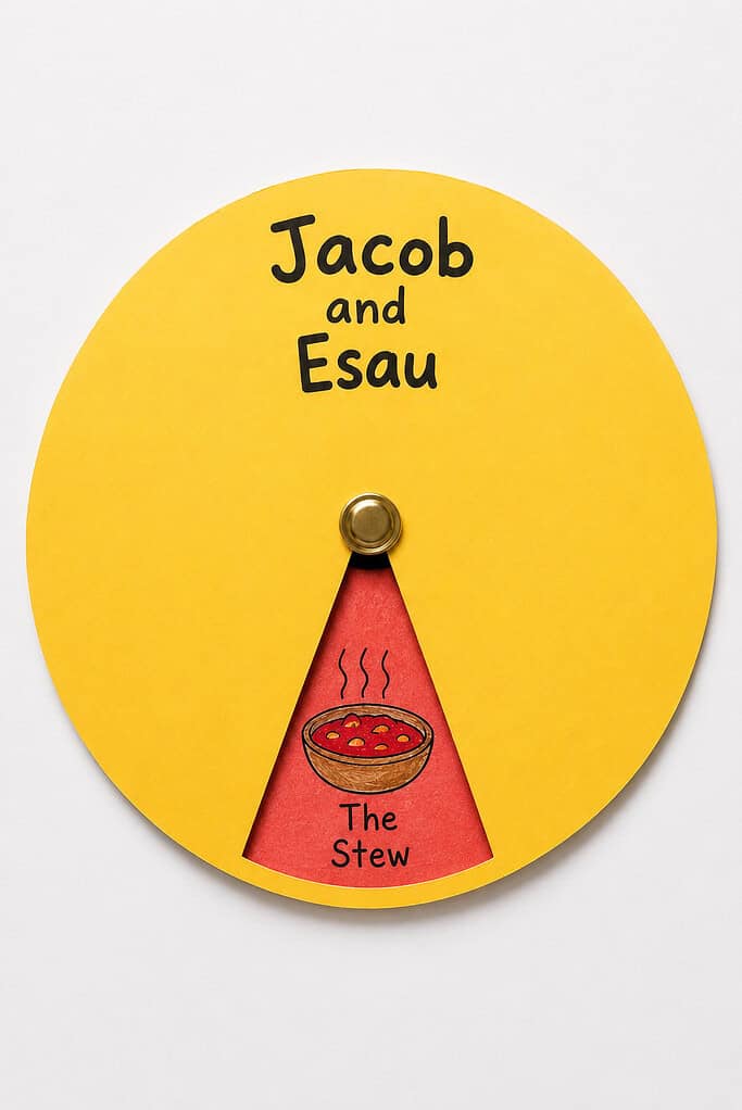 A yellow paper circle labeled "Jacob and Esau" with a brass fastener in the center attached to a red triangular wedge showing a drawn bowl of stew and the words "The Stew."