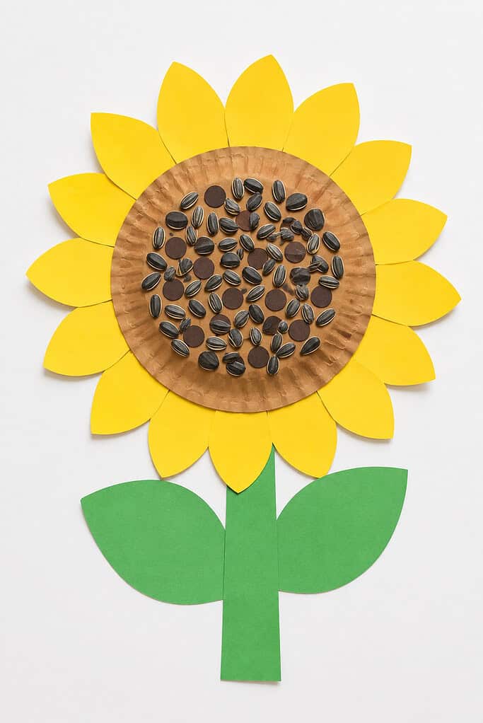 A brown paper plate center covered with real sunflower seeds and brown paper circle dots, surrounded by yellow paper petals, with a green paper stem and two large green paper leaves