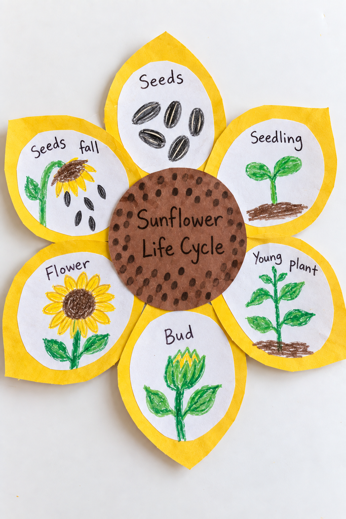 A sunflower-shaped life cycle craft with six yellow petals around a brown center labeled Sunflower Life Cycle, each petal showing a hand-drawn stage: seeds, seedling, young plant, bud, flower, and seeds fall.