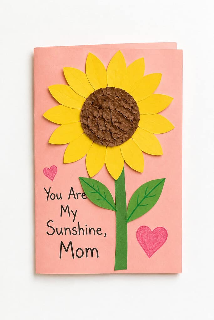Pink handmade card with a yellow paper sunflower, textured brown center, green stem and leaves, pink hearts, and the words “You Are My Sunshine, Mom.”