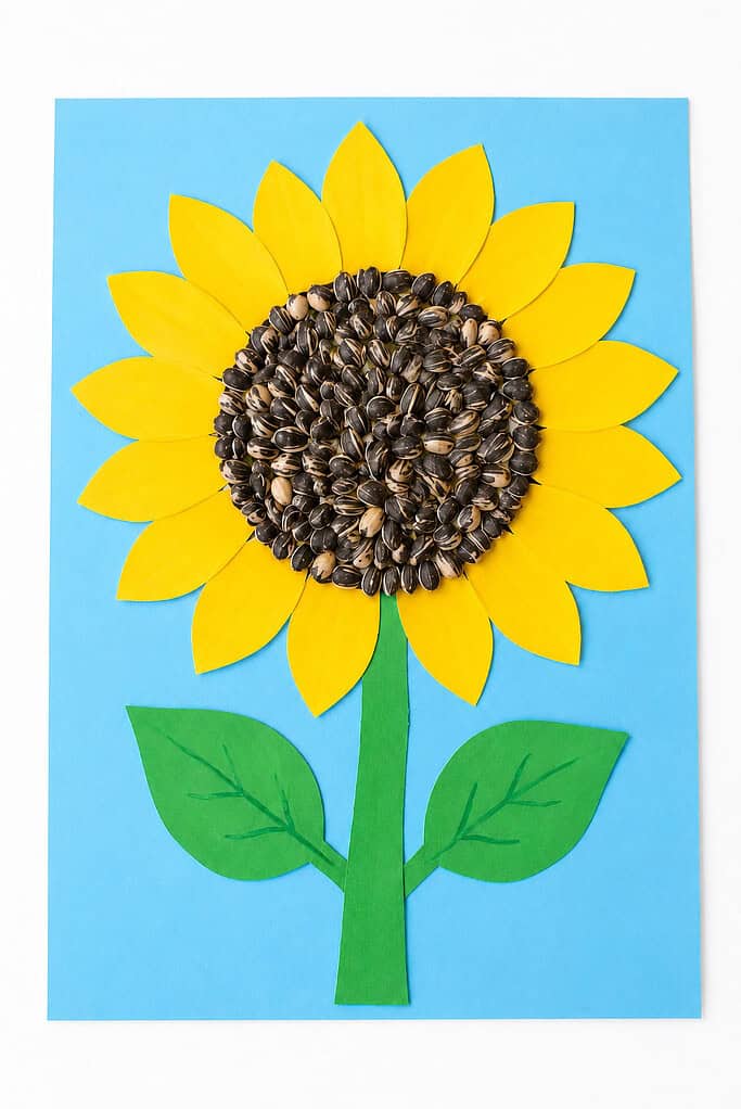 Yellow paper sunflower with a center covered in striped sunflower seeds, green stem, and two leaves on blue cardstock over a white table.