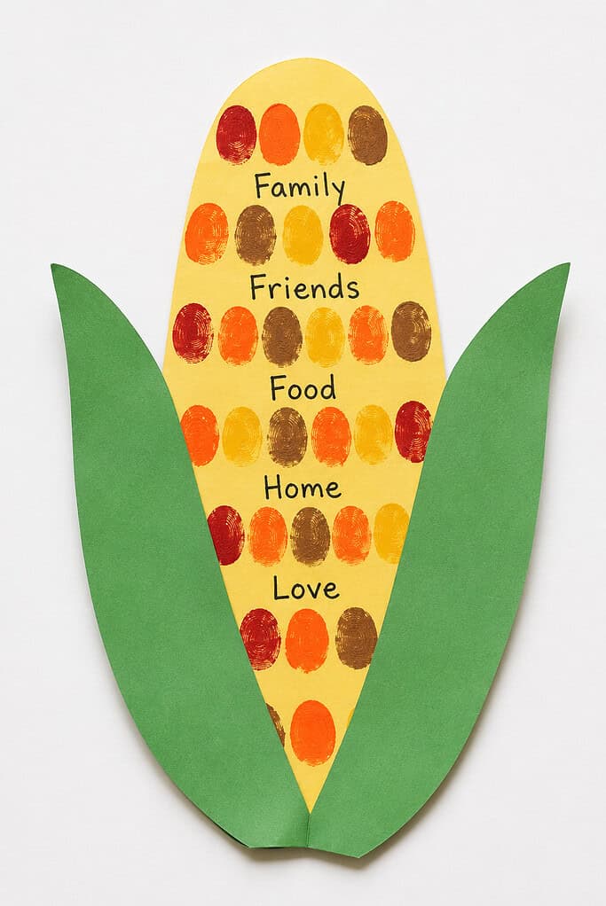 A yellow paper corn cob shape with green paper leaf husks on both sides, covered in rows of fingerprints in red, orange, brown, and yellow paint, with the words Family, Friends, Food, Home, and Love written in black between the rows