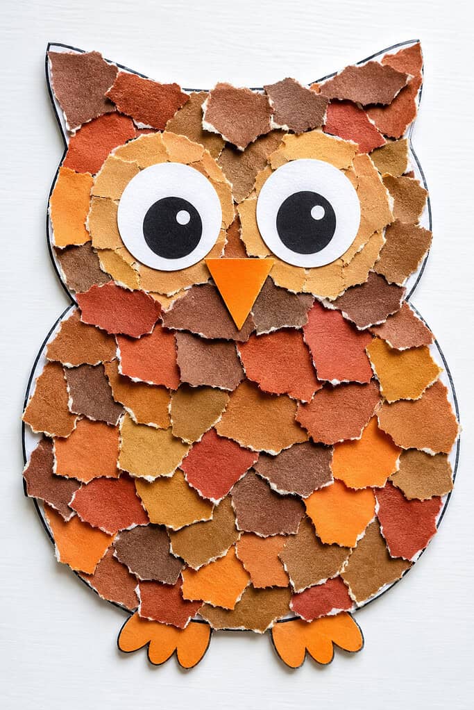 Owl collage made from torn pieces of brown, orange, and rust-colored paper arranged on a round shape, with large white and black circle eyes and an orange triangular beak.