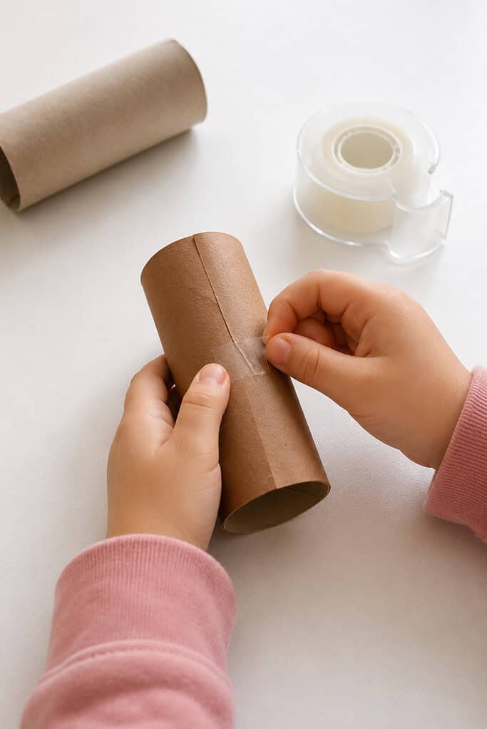 A child's hands wrapping an empty toilet paper roll in brown paper on a white table, with tape and a spare cardboard tube nearby