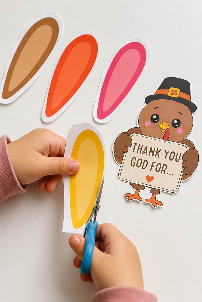 A child's hands cutting out a paper feather with scissors, with loose brown, red-orange, pink, and gold feathers and a cut-out paper turkey on a white table