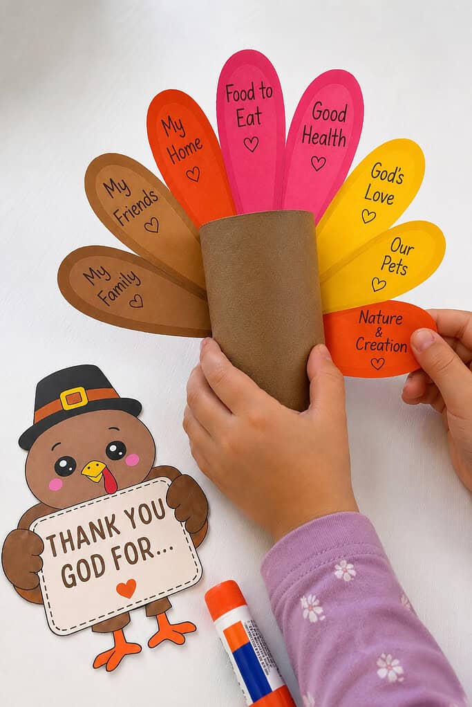 A child's hands gluing colorful paper feathers around the back of a brown covered toilet paper roll, with a paper turkey and glue stick beside it