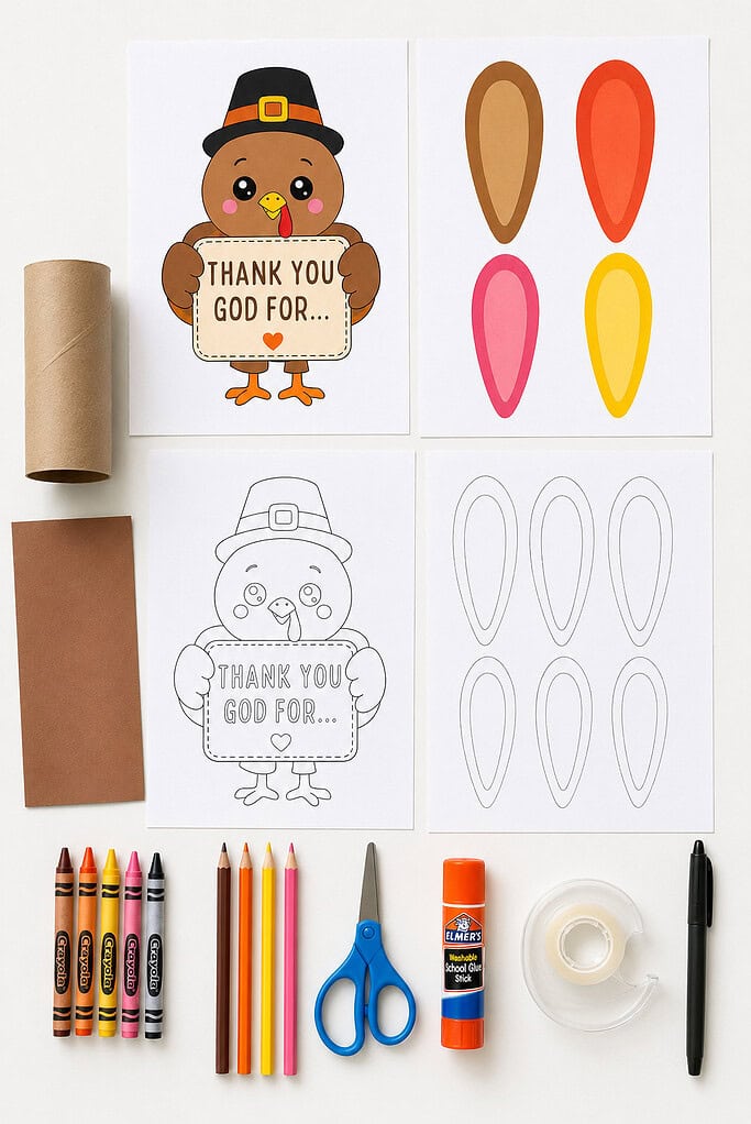 Printed turkey craft pages, an empty toilet paper roll, brown paper, crayons, scissors, tape, a glue stick, and a pen laid out on a white table