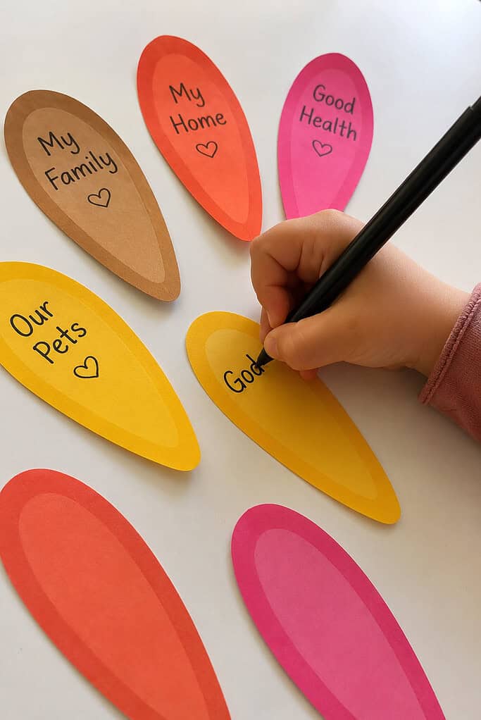 A child's hand writing with a pen on a paper feather, with other handwritten brown, red-orange, pink, and gold feathers on a white table