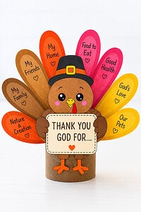 A paper turkey craft in a black pilgrim hat standing on a brown toilet paper roll with eight brown, red-orange, pink, and gold feathers fanned behind it