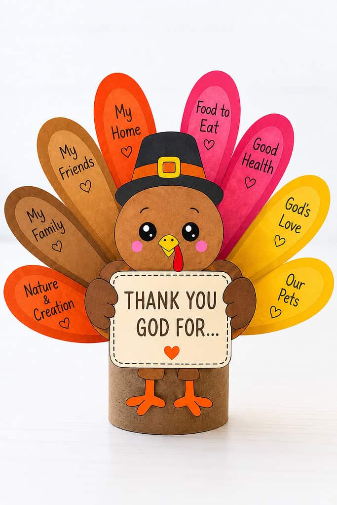 A paper turkey craft in a black pilgrim hat standing on a brown toilet paper roll with eight brown, red-orange, pink, and gold feathers fanned behind it