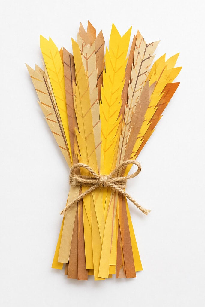 A bundle of yellow, tan, and brown paper strips with pointed tops fanning outward, tied together in the middle with a twine bow, on a white background